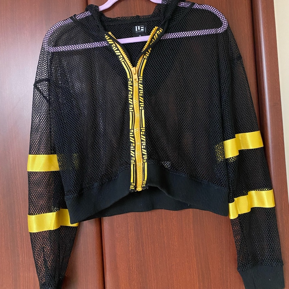 LF fish net hoodie with yellow detailing and logo